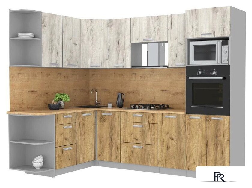 Готовая кухня Интерлиния Мила Лайт 1.68x2.6 левая (дуб белый/дуб золотой/дуб бунратти) - Изображение №1 — Интернет-магазин ПроЗаказ