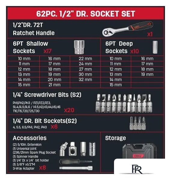 Универсальный набор инструментов Deli EDQ43062 (62 предмета) - Изображение №6 — Интернет-магазин ПроЗаказ