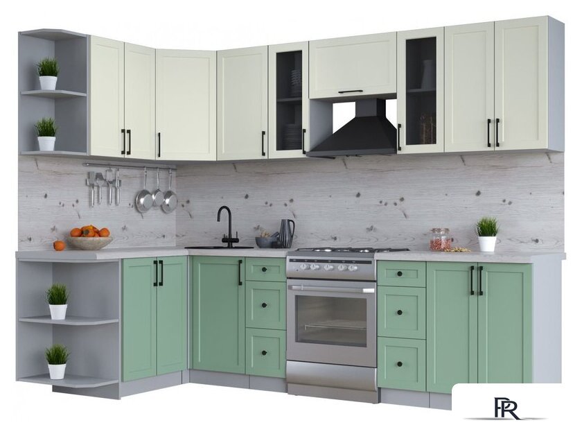 Готовая кухня Интерлиния Тренд 1.5x2.8 левая (мята/белый/бискайская сосна) - Изображение №1 — Интернет-магазин ПроЗаказ