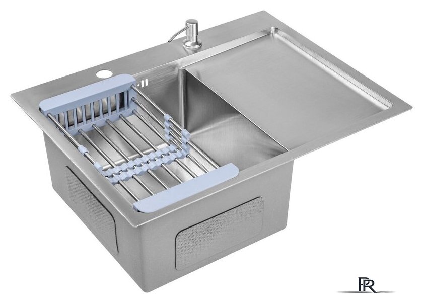 Кухонная мойка Saniteco 6550-L + Spike F9S07011 (сатин, с сифоном, дозатором и коландером) - Изображение №5 — Интернет-магазин ПроЗаказ