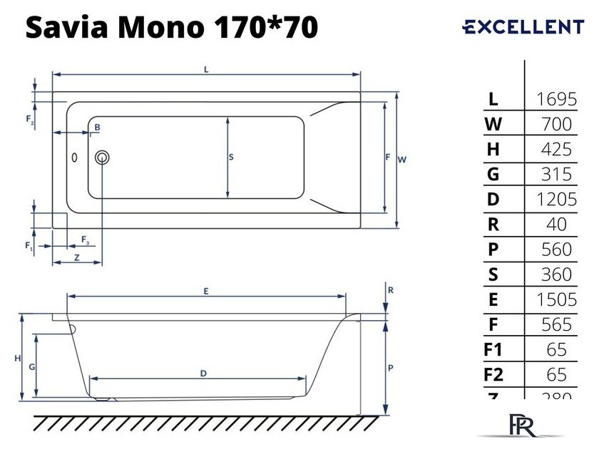 Ванна Excellent Savia Mono 170x70 (с ножками) - Изображение №2 — Интернет-магазин ПроЗаказ