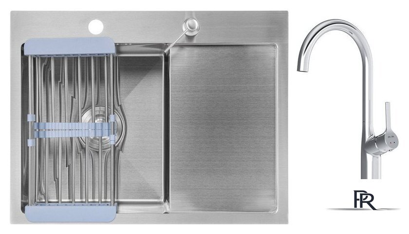 Кухонная мойка Saniteco 6550-L + Spike F9S07000 (хром, с сифоном, дозатором и коландером) - Изображение №1 — Интернет-магазин ПроЗаказ