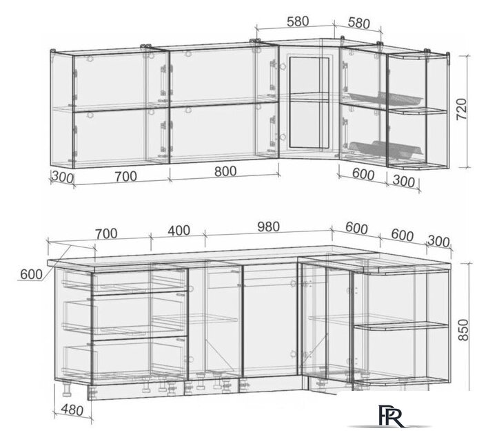 Готовая кухня Интерлиния Мила Матте 1.5x2.1 А правая (океан-океан-травертин серый) - Изображение №2 — Интернет-магазин ПроЗаказ