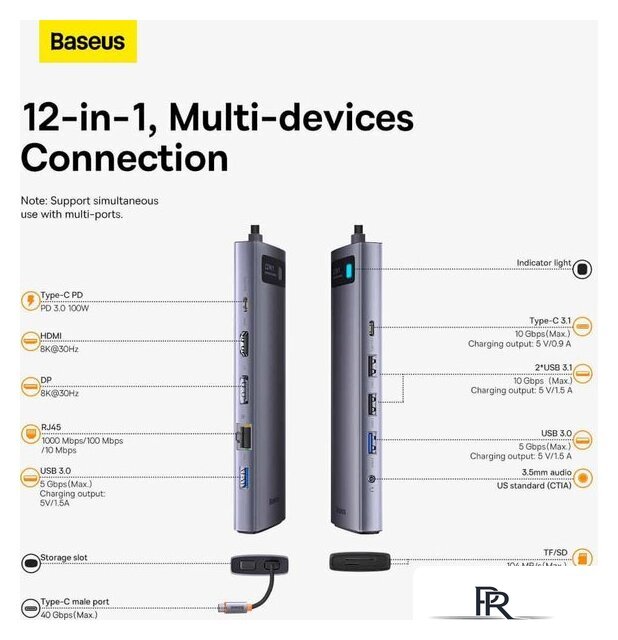 Док-станция Baseus Metal Gleam Series 12-in-1 Multifunctional Type-C Hub Docking Station WKWG020213 - Изображение №7 — Интернет-магазин ПроЗаказ