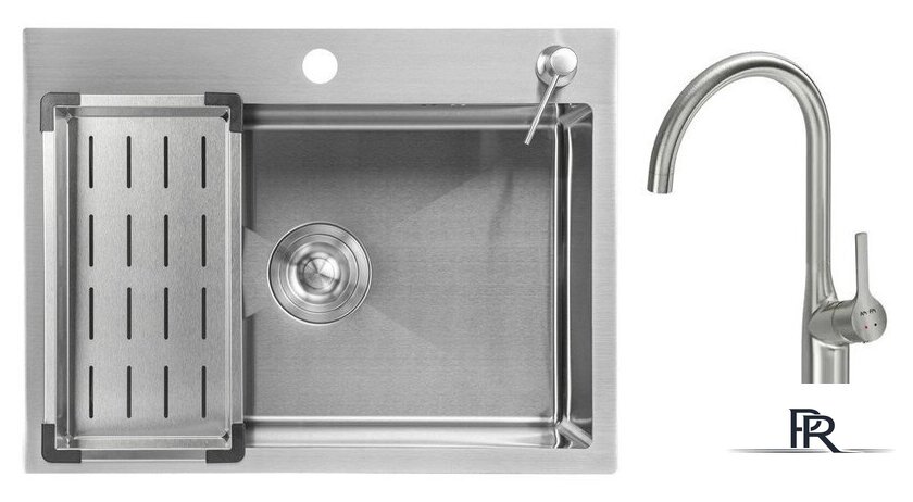 Кухонная мойка Saniteco 6045 + Spike F9S07011 (сатин, с сифоном, дозатором и коландером) - Изображение №1 — Интернет-магазин ПроЗаказ