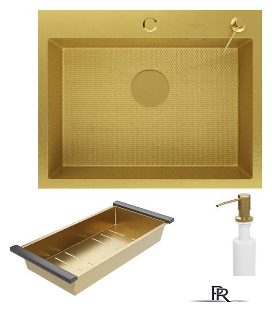 Кухонная мойка Roxen Snake 560220-60-GS PVD Gold золотая/текстурная (с коландером и дозатором) - Изображение №3 — Интернет-магазин ПроЗаказ