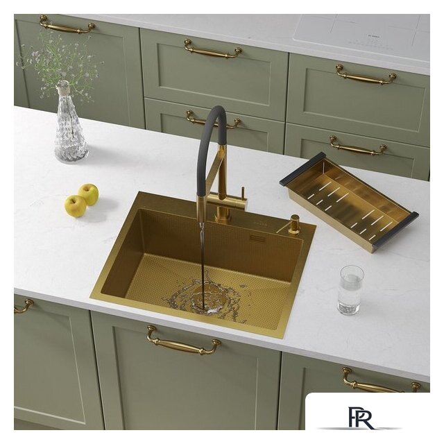 Кухонная мойка Roxen Snake 560220-60-GS PVD Gold золотая/текстурная (с коландером и дозатором) - Изображение №1 — Интернет-магазин ПроЗаказ