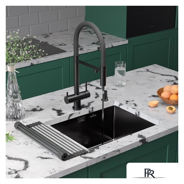 Кухонная мойка Roxen Uno 560210-54B-V графит/текстурная PVD покрытие (с ролл-матом и дозатором) - Изображение №2 — Интернет-магазин ПроЗаказ