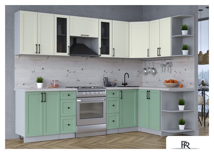 Готовая кухня Интерлиния Тренд 1.5x2.8 правая (мята/белый/бискайская сосна) - Изображение №2 — Интернет-магазин ПроЗаказ