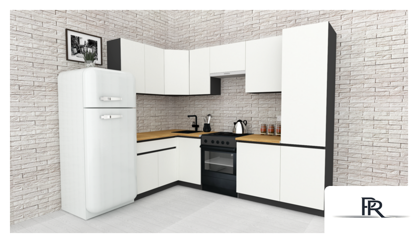 Готовая кухня ВерсоМебель Эко-7 1.4x2.6 левая (белый фасадный/ст.золотистый дуб) - Изображение №1 — Интернет-магазин ПроЗаказ