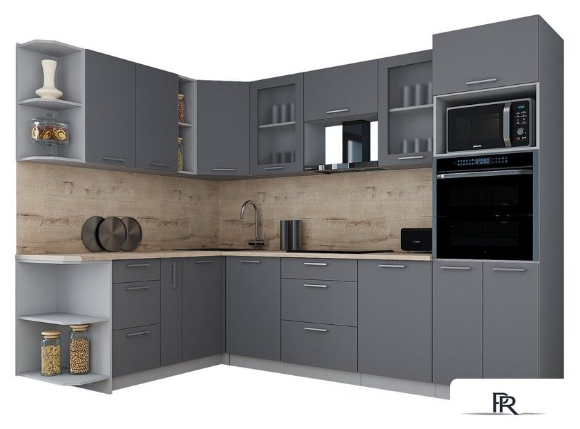 Готовая кухня Интерлиния Мила Gloss 1.88x2.8 левая (серый софт/серый софт/травертин серый) - Изображение №1 — Интернет-магазин ПроЗаказ