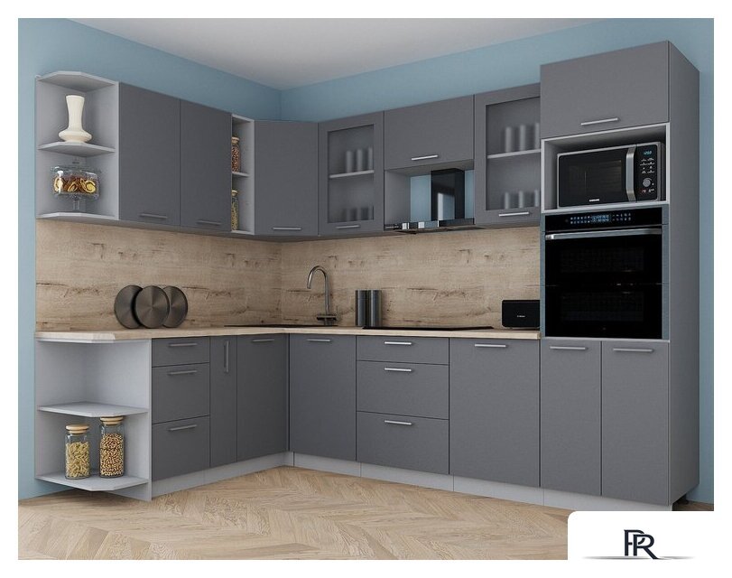 Готовая кухня Интерлиния Мила Gloss 1.88x2.8 левая (серый софт/серый софт/травертин серый) - Изображение №3 — Интернет-магазин ПроЗаказ