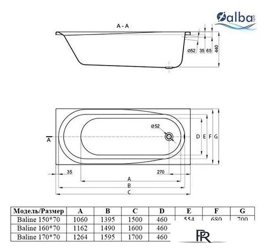 Ванна Alba Spa Baline 170x70 (2 экрана) - Изображение №2 — Интернет-магазин ПроЗаказ