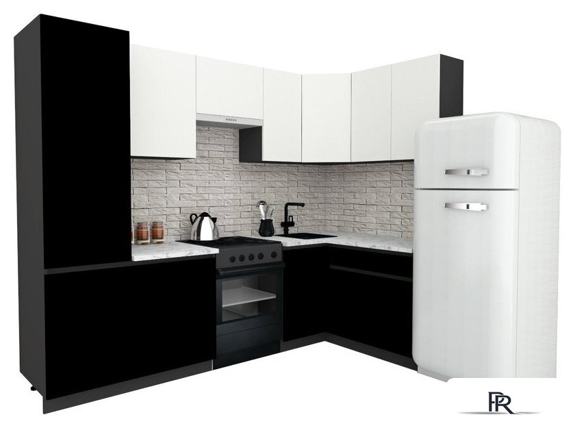 Готовая кухня ВерсоМебель Эко-7 1.4x2.6 правая (белый фасадный/черный/ст.мрамор итальянский) - Изображение №1 — Интернет-магазин ПроЗаказ