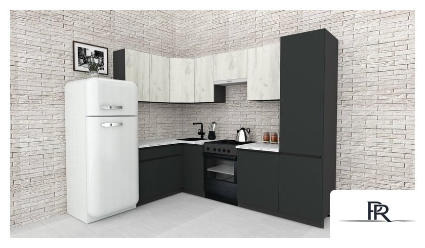 Готовая кухня ВерсоМебель Эко-7 1.4x2.6 левая (дуб крафт белый/антрацит/ст.мрамор итальянский) - Изображение №2 — Интернет-магазин ПроЗаказ