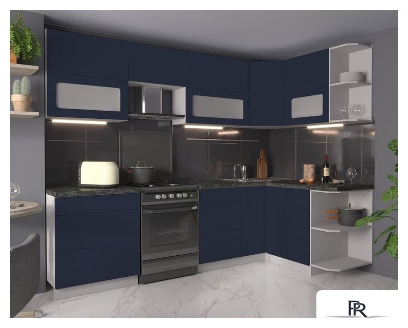 Готовая кухня Интерлиния Мила Матте 1.5x2.7 Б правая (индиго/индиго глянец/кастилло темный) - Изображение №2 — Интернет-магазин ПроЗаказ