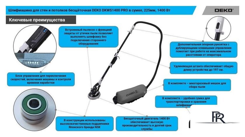 Шлифмашина для стен и потолков Deko DKWS1400 Pro 085-1062 (сумка) - Изображение №8 — Интернет-магазин ПроЗаказ