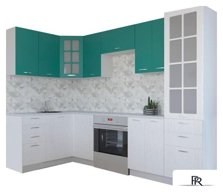 Готовая кухня Артём-Мебель София СН-114 со стеклом МДФ 1.4x2.7 (морская волна/дуб полярный) - Изображение №1 — Интернет-магазин ПроЗаказ