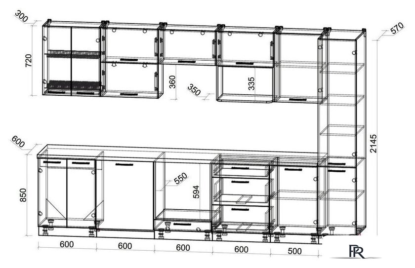 Готовая кухня Интерлиния Мила Gloss 3.3-ПМ2 (белый глянец/белый глянец/кастилло темный) - Изображение №5 — Интернет-магазин ПроЗаказ
