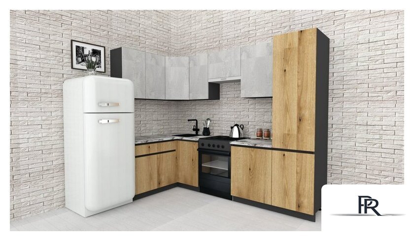 Готовая кухня ВерсоМебель Эко-7 1.4x2.6 левая (бетонный камень/дуб эвок прибрежный/ст.мрамор итальянский) - Изображение №2 — Интернет-магазин ПроЗаказ