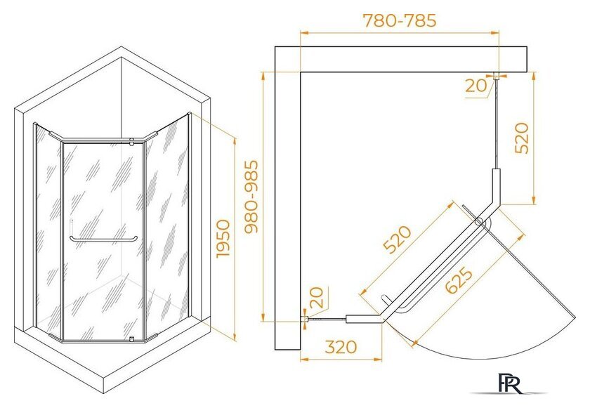 Душевой уголок RGW PA-091 35089180-11 80x100 (хром/прозрачное стекло) - Изображение №2 — Интернет-магазин ПроЗаказ