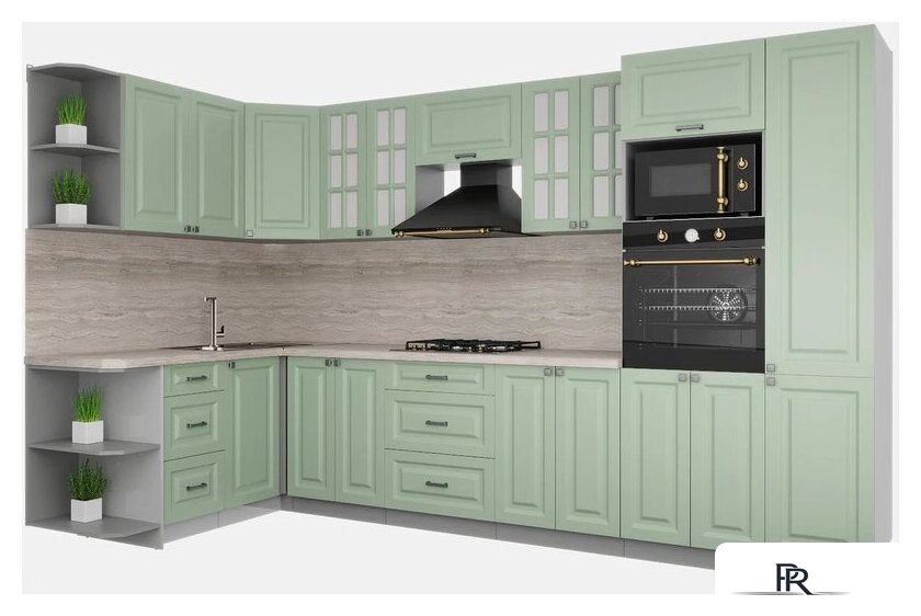 Готовая кухня Интерлиния Мила Деко 1.68x3.4 левая (мята-мята-травертин серый) - Изображение №1 — Интернет-магазин ПроЗаказ