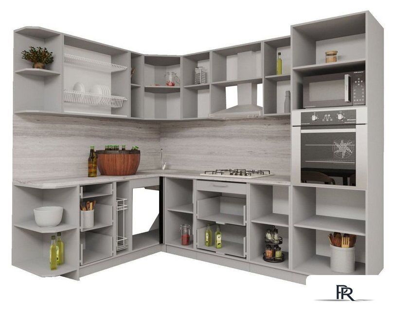 Готовая кухня Интерлиния Мила Gloss 1.88x2.8 левая (белый софт/белый софт/травертин серый) - Изображение №2 — Интернет-магазин ПроЗаказ