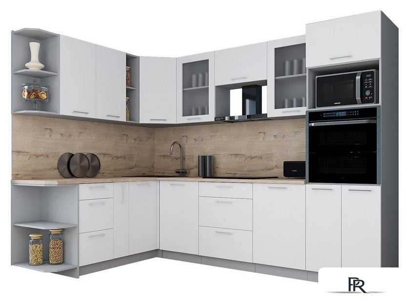 Готовая кухня Интерлиния Мила Gloss 1.88x2.8 левая (белый софт/белый софт/травертин серый) - Изображение №1 — Интернет-магазин ПроЗаказ