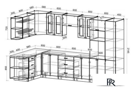 Готовая кухня Интерлиния Мила Деко 1.68x3.4 левая (луна-луна-травертин серый) - Изображение №2 — Интернет-магазин ПроЗаказ