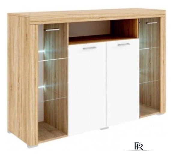 Комод Памир Орландо с витриной (дуб сонома-белый глянец) - Изображение №1 — Интернет-магазин ПроЗаказ