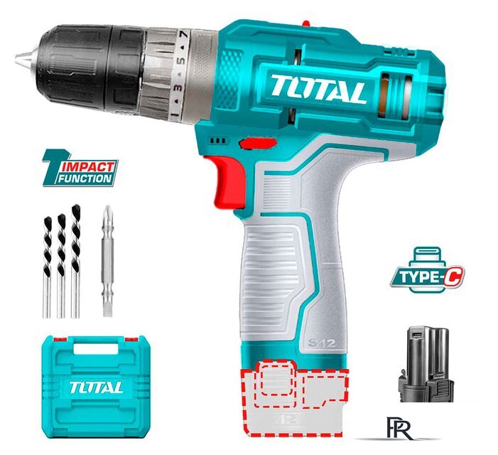 Ударная дрель-шуруповерт Total TIDLI12202 (с 2-мя АКБ, кейс, набор оснастки, без ЗУ) - Изображение №1 — Интернет-магазин ПроЗаказ