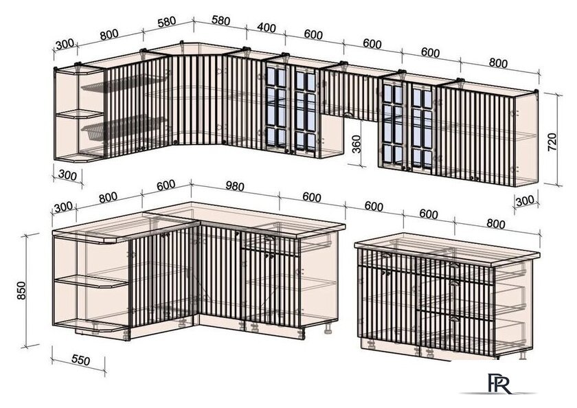 Готовая кухня Интерлиния Берес 1.7x3.6 левая (дуб лазурный/дуб серый/серый каспий) - Изображение №3 — Интернет-магазин ПроЗаказ