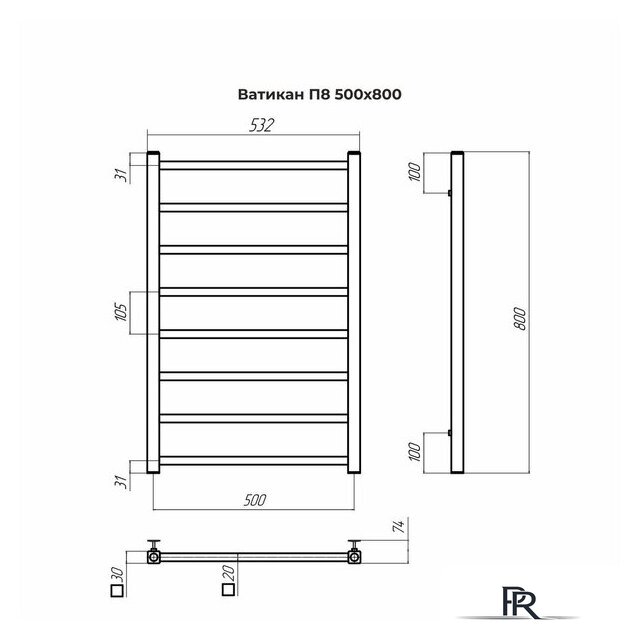Полотенцесушитель TERMINUS Ватикан П8 500х800 (сатин) - Изображение №3 — Интернет-магазин ПроЗаказ