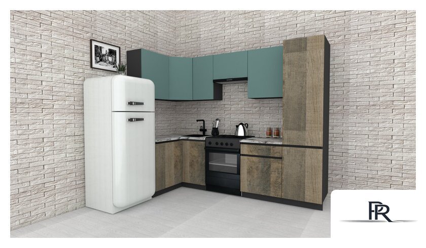 Готовая кухня ВерсоМебель Эко-7 1.2x2.6 левая (сумеречный голубой/дуб гранж песочный/ст.альберика) - Изображение №2 — Интернет-магазин ПроЗаказ