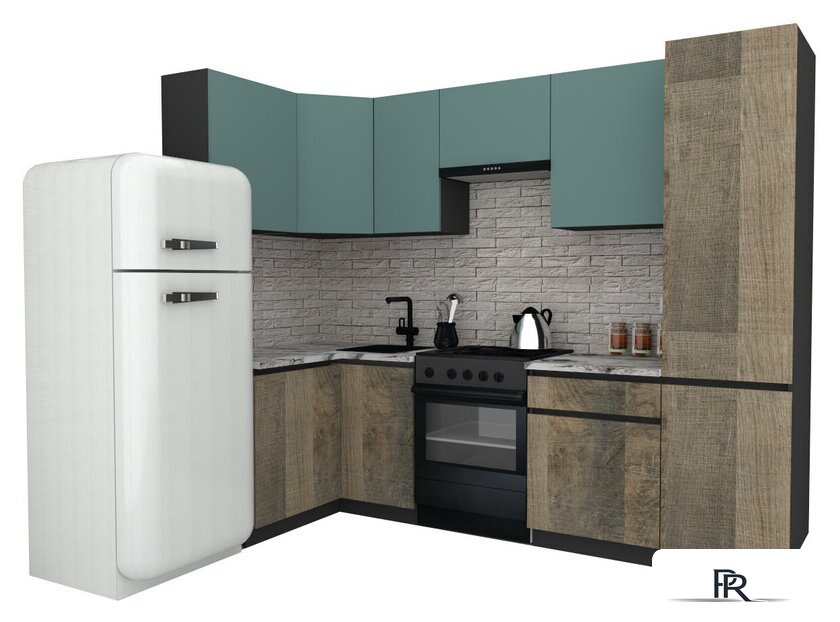 Готовая кухня ВерсоМебель Эко-7 1.2x2.6 левая (сумеречный голубой/дуб гранж песочный/ст.альберика) - Изображение №1 — Интернет-магазин ПроЗаказ