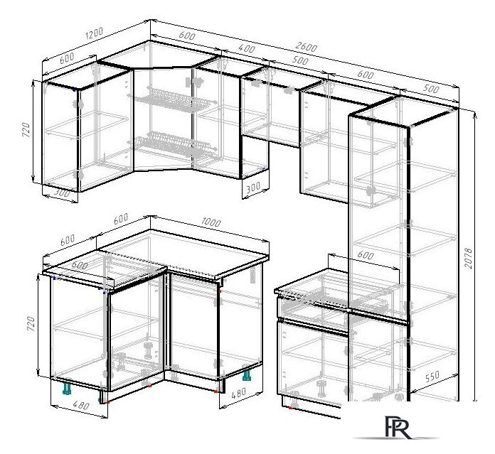 Готовая кухня ВерсоМебель Эко-7 1.2x2.6 левая (сумеречный голубой/дуб гранж песочный/ст.альберика) - Изображение №6 — Интернет-магазин ПроЗаказ
