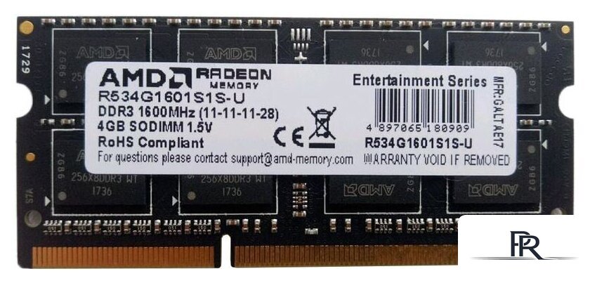 Оперативная память AMD Radeon R3 4GB DDR3 SODIMM PC3-10600 R334G1339S1S-U - Изображение №1 — Интернет-магазин ПроЗаказ