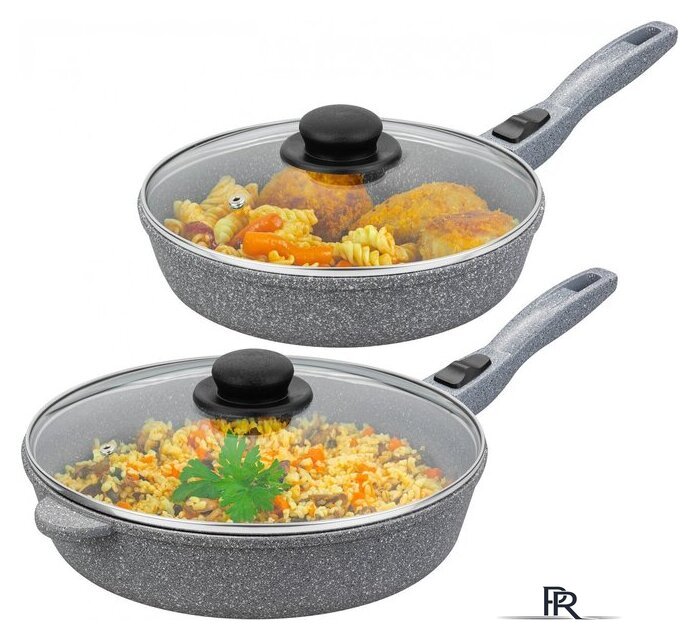 Набор сковород Elan Gallery Гармония вкуса +крышки 120591+2 (4пр, серый мрамор) - Изображение №5 — Интернет-магазин ПроЗаказ