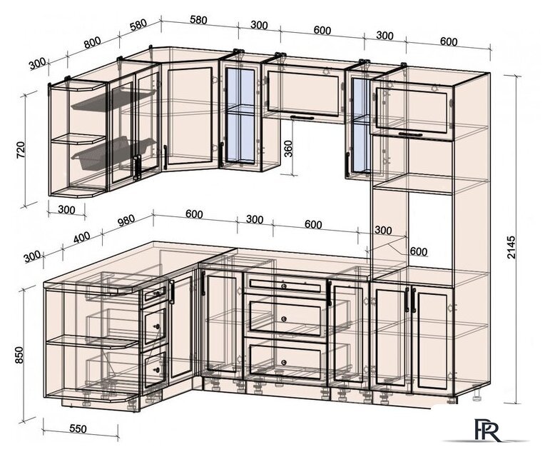 Готовая кухня Интерлиния Тренд 1.68x2.4 ВТ левая (океан/океан/дуб бунратти) - Изображение №5 — Интернет-магазин ПроЗаказ