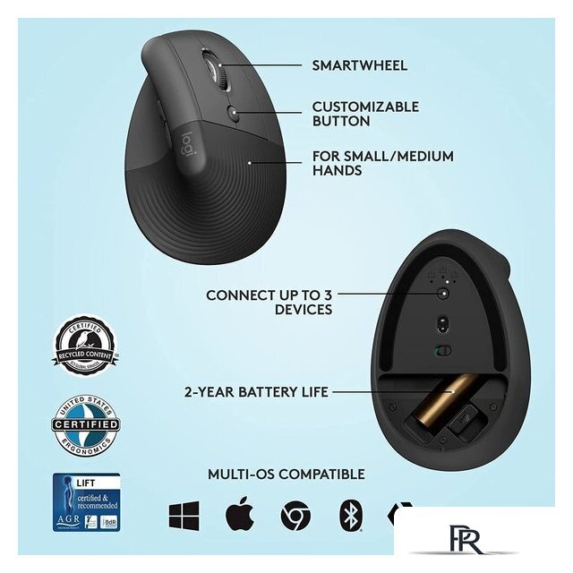 Вертикальная мышь Logitech Lift (графит) - Изображение №6 — Интернет-магазин ПроЗаказ
