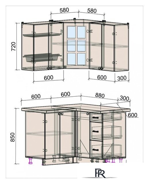 Готовая кухня Интерлиния Мила Деко 1.2x1.2 (мята/травертин серый) - Изображение №3 — Интернет-магазин ПроЗаказ