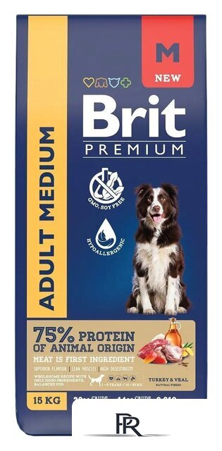 Сухой корм для собак Brit Premium Adult Medium с индейкой и телятиной 15 кг - Изображение №1 — Интернет-магазин ПроЗаказ