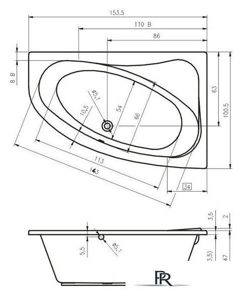 Ванна Riho Lyra 153x100L BA6800500000000 (без ножек) - Изображение №2 — Интернет-магазин ПроЗаказ