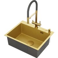 Кухонная мойка Roxen Snake 560220-60-GS PVD Gold золотая/текстурная (с коландером и дозатором) - Превью изображения №4 — Интернет-магазин ПроЗаказ