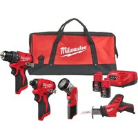 Milwaukee M12 BLPP4A-202B 4933499693 (шуруповерт, винтоверт, фонарь, сабельная, 2 АКБ, сумка)